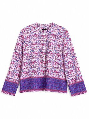 J.Crew S Popover Floral Pink Red Purple White Metallic Shimmering Fabric